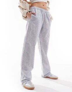 Monki Linen Drawstring Waist Trousers In White And Navy Stripes For Women -Monki Shop 206173517 4