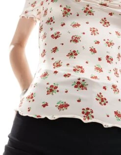 Monki Off Shoulder Top With Lettuce Edge And Ruched Sweetheart Front In Pink And Red Ditsy Print For Women -Monki Shop 206173535 3