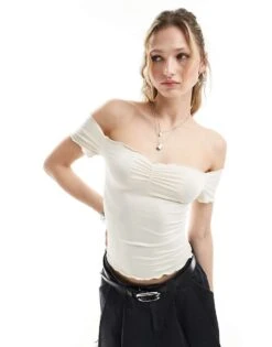 Monki Off Shoulder Top With Lettuce Edge And Ruched Sweetheart Front In Beige For Women -Monki Shop 206173553 1 beige 1