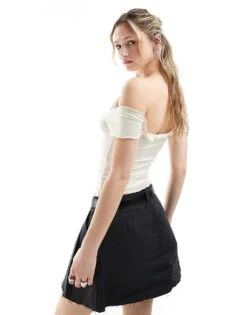 Monki Off Shoulder Top With Lettuce Edge And Ruched Sweetheart Front In Beige For Women -Monki Shop 206173553 2