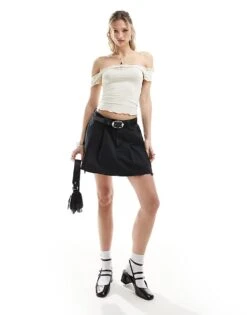 Monki Off Shoulder Top With Lettuce Edge And Ruched Sweetheart Front In Beige For Women -Monki Shop 206173553 3