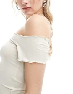 Monki Off Shoulder Top With Lettuce Edge And Ruched Sweetheart Front In Beige For Women -Monki Shop 206173553 4