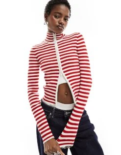 Monki Cropped Knitted Cardigan With Front Zip In Red And Beige Stripes For Women Multi Stripes -Monki Shop 206173571 1 multistripes 1