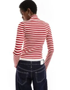 Monki Cropped Knitted Cardigan With Front Zip In Red And Beige Stripes For Women Multi Stripes -Monki Shop 206173571 3