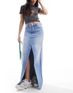 Monki Midaxi Denim Skirt With Front Split In Tinted Blue Wash For Women