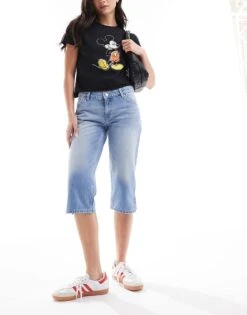 Monki Moop Low Waisted Denim Capri Pants In Tinted Mid Blue Wash For Women -Monki Shop 206173610 1 midblue 1