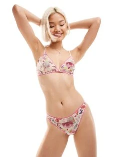 Monki Mix And Match Soft Mesh Brief In Pink And White Graphic Print Multi For Women