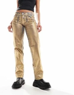 Monki Moop Low Rise Straight Leg Jeans In Blue Wash With Gold Foil For Women Blue With Gold Foil