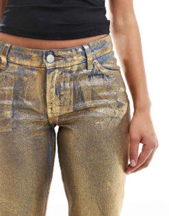Monki Moop Low Rise Straight Leg Jeans In Blue Wash With Gold Foil For Women Blue With Gold Foil -Monki Shop 206174236 4
