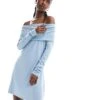 Monki Jersey Mini Dress With Ruche Off Shoulder Detail In Blue For Women