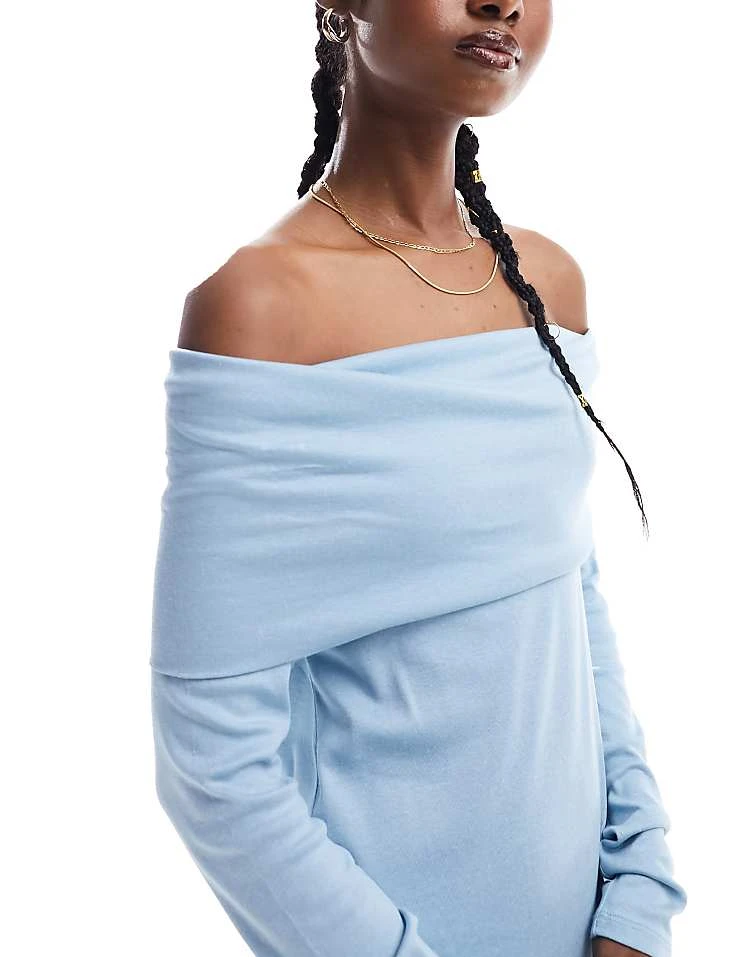 Monki Jersey Mini Dress With Ruche Off Shoulder Detail In Blue For Women 4 Monki Jersey Mini Dress With Ruche Off Shoulder Detail In Blue For Women - Image 2