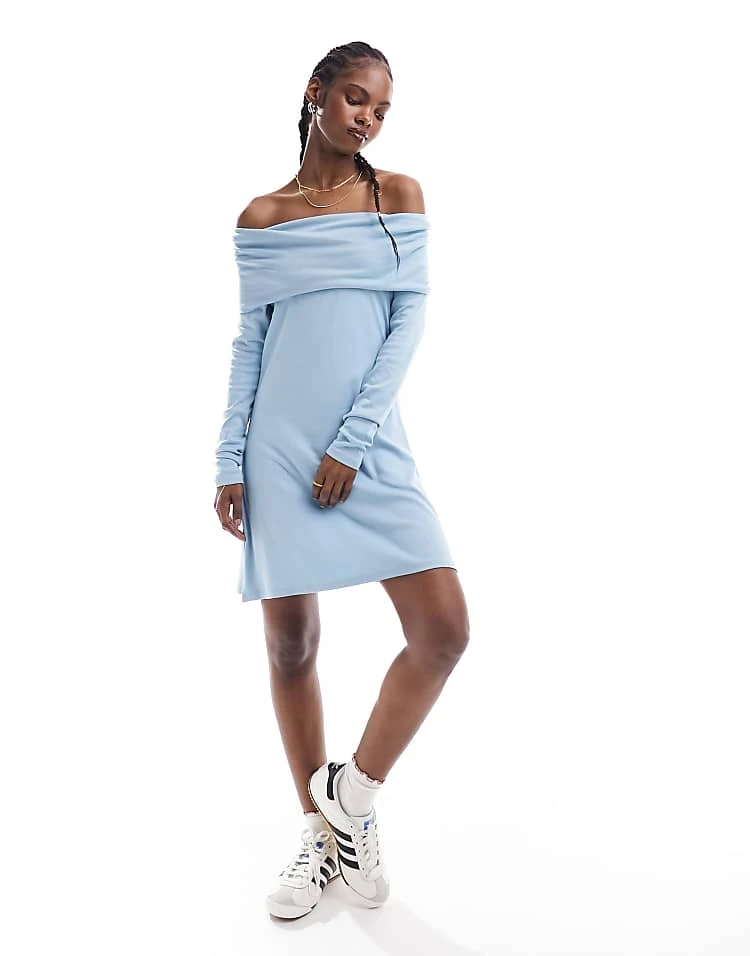 Monki Jersey Mini Dress With Ruche Off Shoulder Detail In Blue For Women 6 Monki Jersey Mini Dress With Ruche Off Shoulder Detail In Blue For Women - Image 4