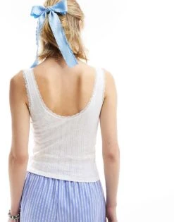 Monki Pointelle Scoop Neck Vest Top With Lace Trim In Off White For Women -Monki Shop 206174697 2