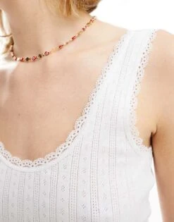 Monki Pointelle Scoop Neck Vest Top With Lace Trim In Off White For Women -Monki Shop 206174697 4