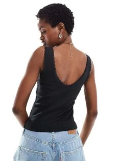 Monki Pointelle Scoop Neck Vest Top With Lace Trim In Washed Black For Women Off Black -Monki Shop 206174714 2