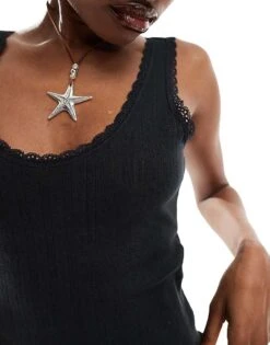 Monki Pointelle Scoop Neck Vest Top With Lace Trim In Washed Black For Women Off Black -Monki Shop 206174714 3