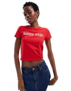 Monki Shrunken T-shirt In Red With Rodeo Babe Front Print For Women -Monki Shop 206174802 1 red 1