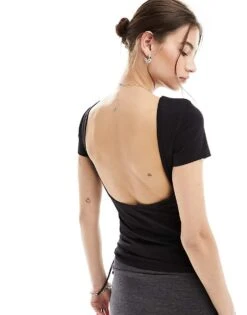 Monki Top With Short Sleeves And Low Back In Black For Women 11 Monki Top With Short Sleeves And Low Back In Black For Women -Monki Shop 206174839 1 black 1