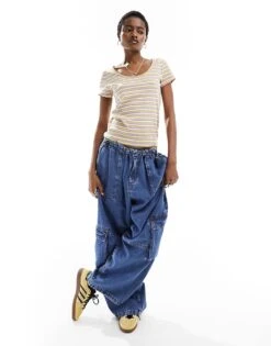 Monki Short Sleeve Fitted Top With Scoop Neck In Multi Stripes For Women -Monki Shop 206174856 3