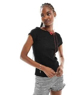 Monki Fitted Short Sleeve Top With Boat Neck In Black For Women -Monki Shop 206174857 1 black 1