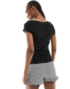 Monki Fitted Short Sleeve Top With Boat Neck In Black For Women -Monki Shop 206174857 4