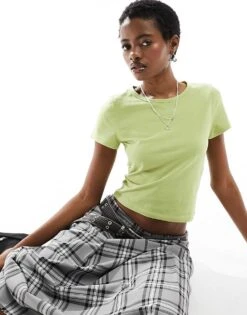 Monki Ribbed Shrunken T-shirt In Green For Women -Monki Shop 206174893 1 green 1