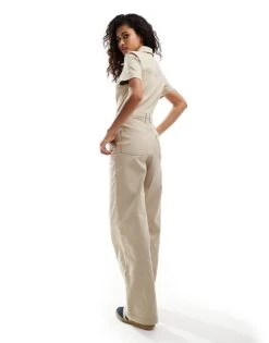 Monki Wide Leg Jumpsuit With Zip Front In Beige For Women -Monki Shop 206174911 3
