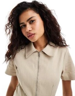 Monki Wide Leg Jumpsuit With Zip Front In Beige For Women -Monki Shop 206174911 4