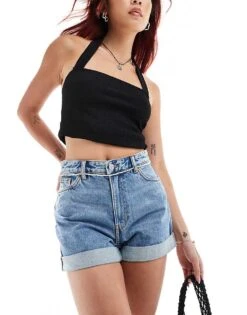 Monki Tallie Turn Up Denim Shorts In Mid Blue For Women Mid Blue Wash -Monki Shop 206174979 1 midbluewash 1