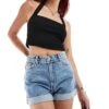 Monki Tallie Turn Up Denim Shorts In Mid Blue For Women Mid Blue Wash