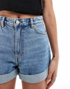 Monki Tallie Turn Up Denim Shorts In Mid Blue For Women Mid Blue Wash -Monki Shop 206174979 5