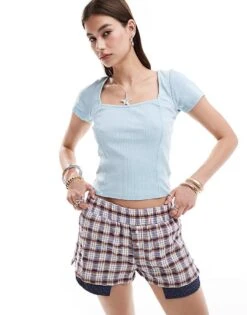 Monki Square Neck Panelled Top In Washed Blue For Women -Monki Shop 206175005 1 washedblue 1