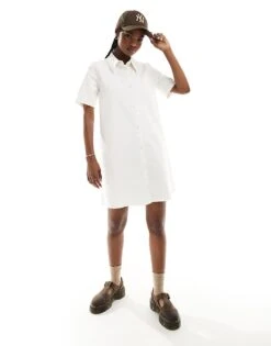 Monki Short Sleeve Button Through Collar Mini Shirt Dress In White For Women -Monki Shop 206175041 1 white 1
