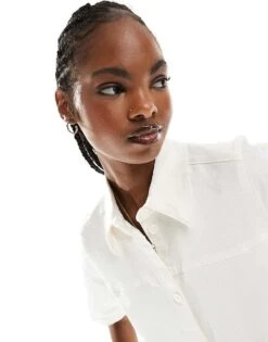 Monki Short Sleeve Button Through Collar Mini Shirt Dress In White For Women -Monki Shop 206175041 2