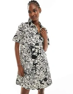 Monki Short Sleeve Button Through Collar Mini Shirt Dress In Mono Summer Print For Women Multi -Monki Shop 206175105 1 multi 1