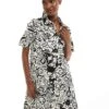 Monki Short Sleeve Button Through Collar Mini Shirt Dress In Mono Summer Print For Women Multi -Monki Shop 206175105 1 multi