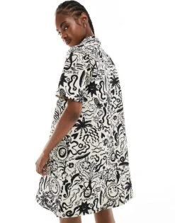 Monki Short Sleeve Button Through Collar Mini Shirt Dress In Mono Summer Print For Women Multi -Monki Shop 206175105 4