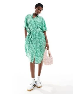 Monki Tie Waist Midi Shirt Dress In Green Meadow Print Exclusive To ASOS For Women Multi -Monki Shop 206176802 1 multi 1