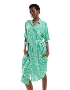 Monki Tie Waist Midi Shirt Dress In Green Meadow Print Exclusive To ASOS For Women Multi -Monki Shop 206176802 4