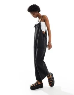 Monki Lightweight Denim Dungarees In Black For Women