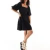 Monki Square Neck Mini Dress In With Tiered Hem In Textured Black For Women