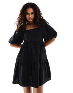 Monki Square Neck Mini Dress In With Tiered Hem In Textured Black For Women -Monki Shop 206176819 3
