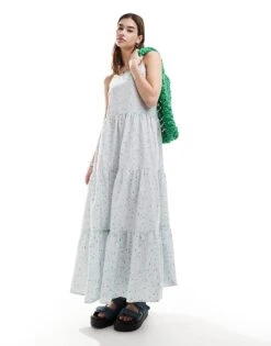 Monki Maxi Sun Dress With Tiered Layers And Strappy Low Back In Blue Scattered Ditsy Flower Print For Women Multi -Monki Shop 206176828 4