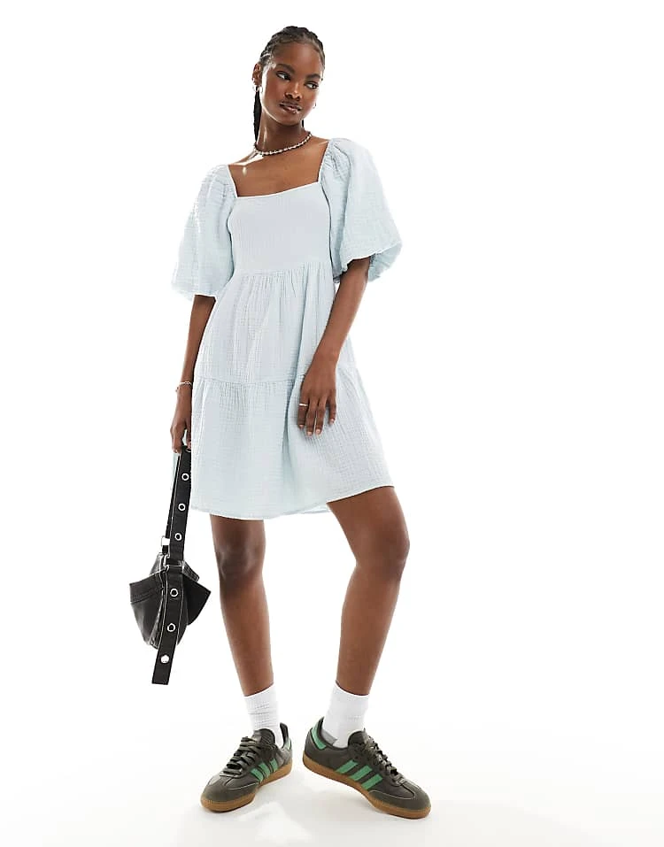 Monki Square Neck Mini Dress In With Tiered Hem In Textured Blue For Women 5 Monki Square Neck Mini Dress In With Tiered Hem In Textured Blue For Women - Image 3