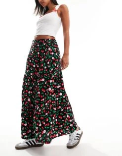 Monki Midi Tiered Skirt In Black Cherry Print For Women -Monki Shop 206176847 1 blackcherry 1