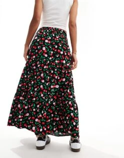 Monki Midi Tiered Skirt In Black Cherry Print For Women -Monki Shop 206176847 3