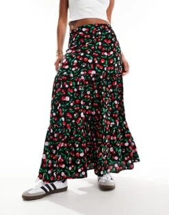 Monki Midi Tiered Skirt In Black Cherry Print For Women -Monki Shop 206176847 4