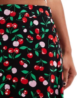 Monki Midi Tiered Skirt In Black Cherry Print For Women -Monki Shop 206176847 5