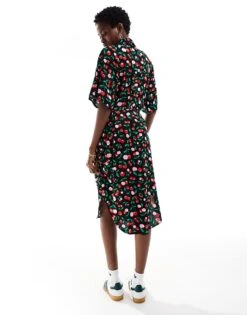 Monki Tie Waist Midi Shirt Dress In Black Cherry Print Exclusive To ASOS For Women Multi -Monki Shop 206176857 3