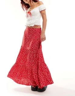 Monki Tiered Maxi Skirt In Red Meadow Floral For Women